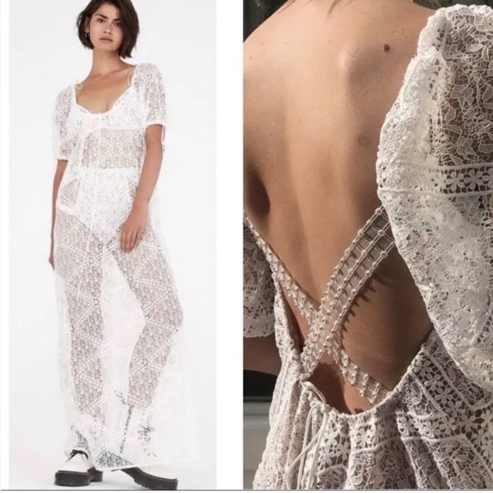 For Love & Lemons Portola White Lace Maxi Dress Clear Rhinestone Back Medium